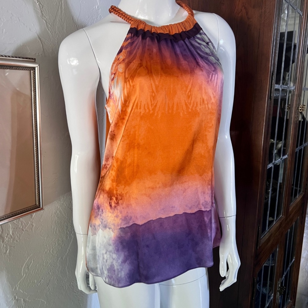 Never Worn! Elie Tahari Copper & Violet Silk Halter Tie Neck Blouse - Medium